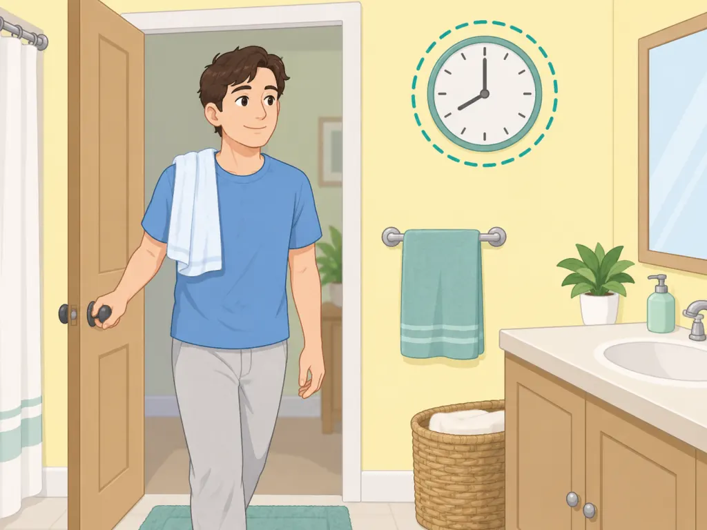 A calm bathroom scene representing a consistent daily bathroom routine.