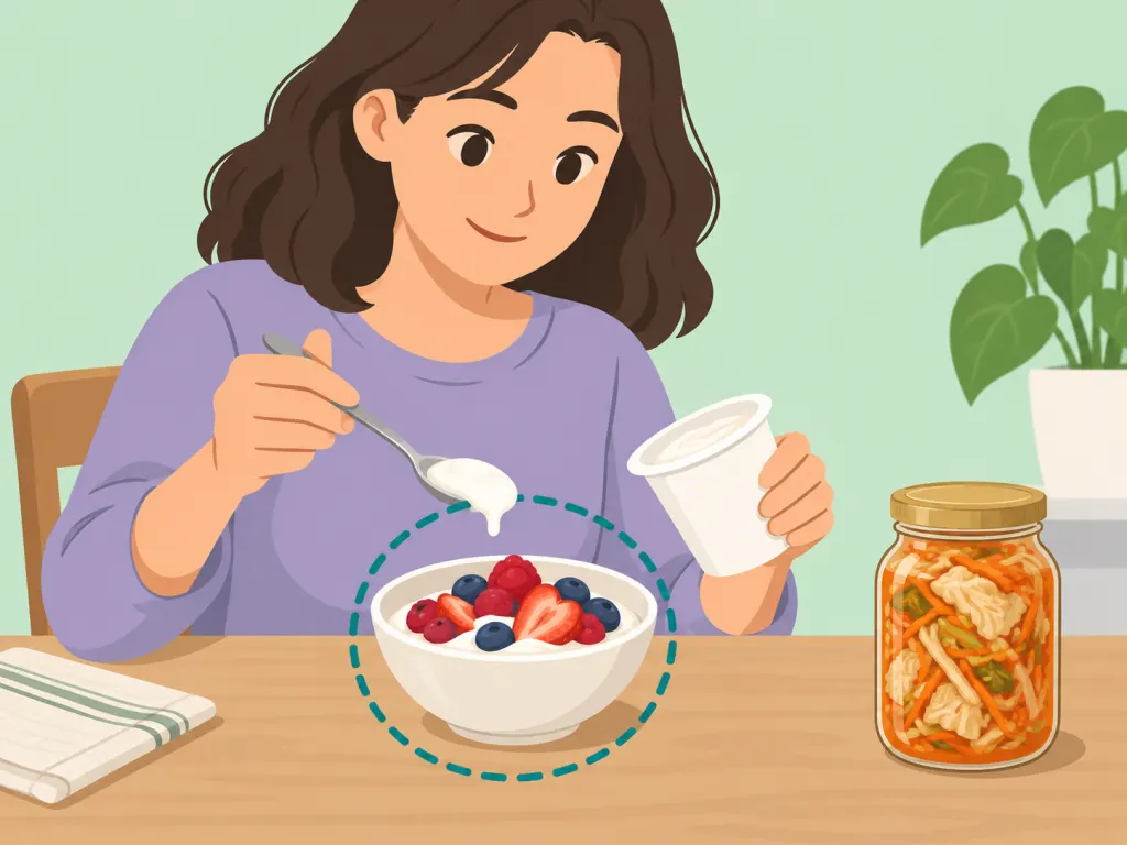 Person preparing a bowl of yogurt and fermented foods.
