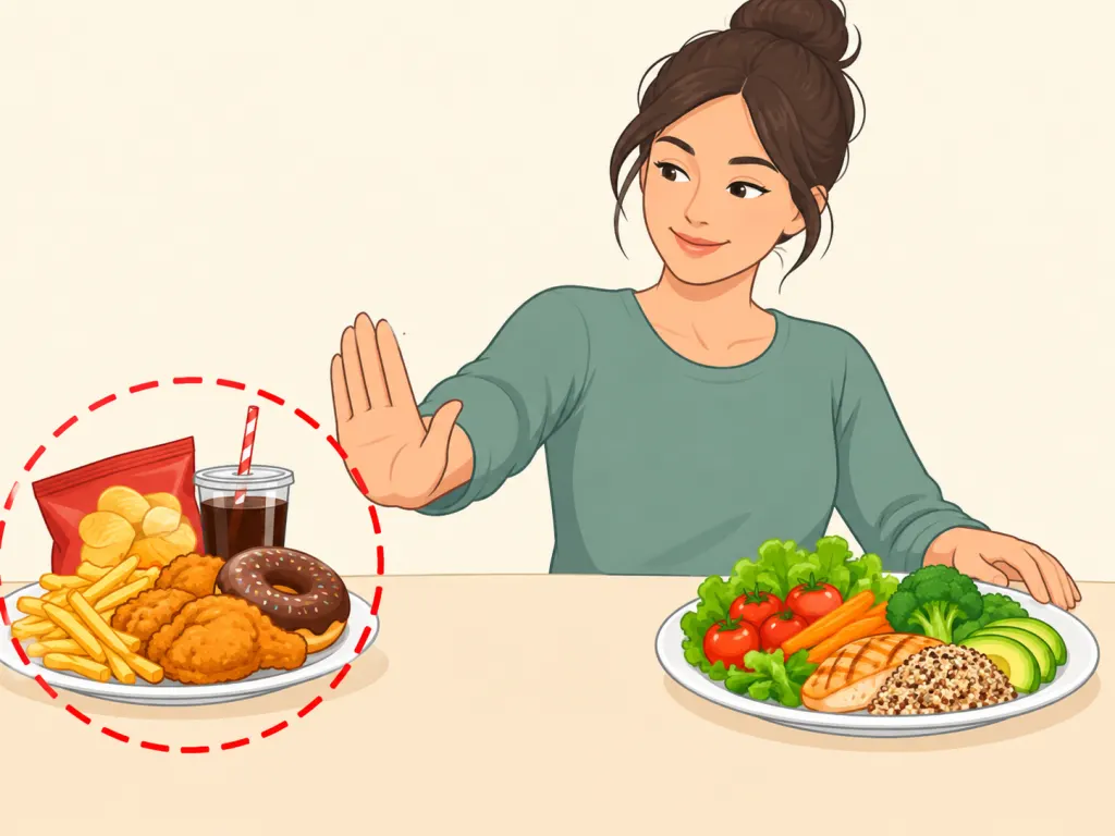 Person choosing whole foods over fried and processed snacks.