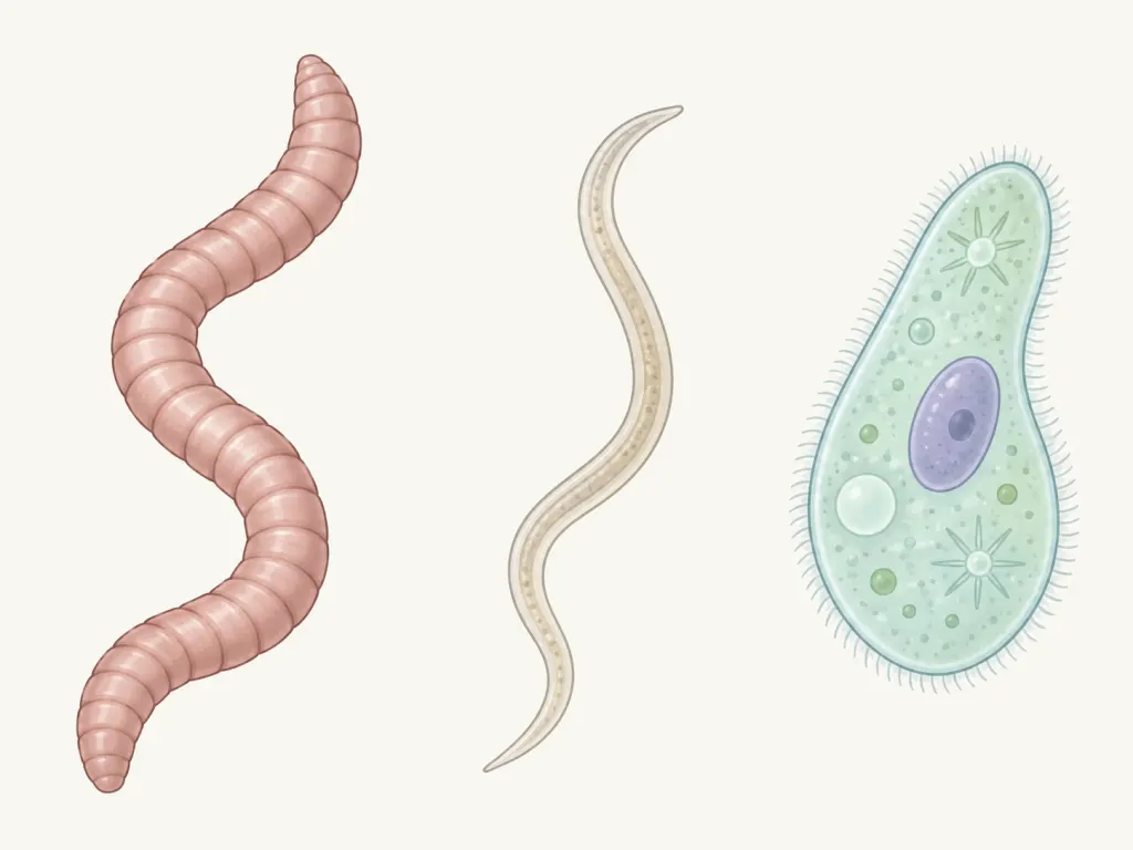 Educational flat illustration of three types of intestinal parasite organisms side by side