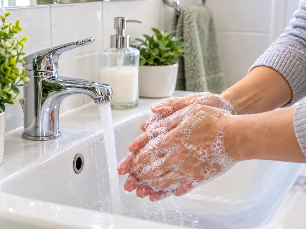 Hands being washed with soap under running water at a clean bathroom sink