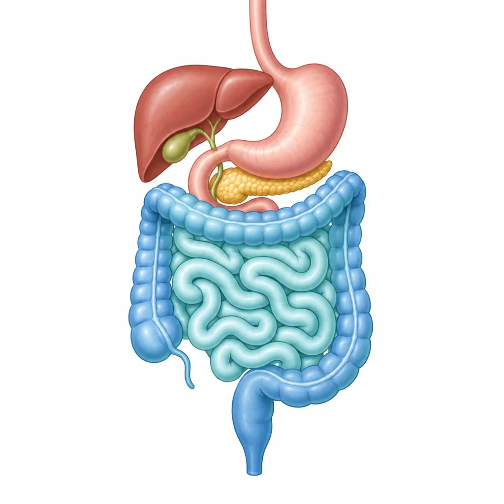Educational diagram of the human digestive tract with intestines highlighted in teal