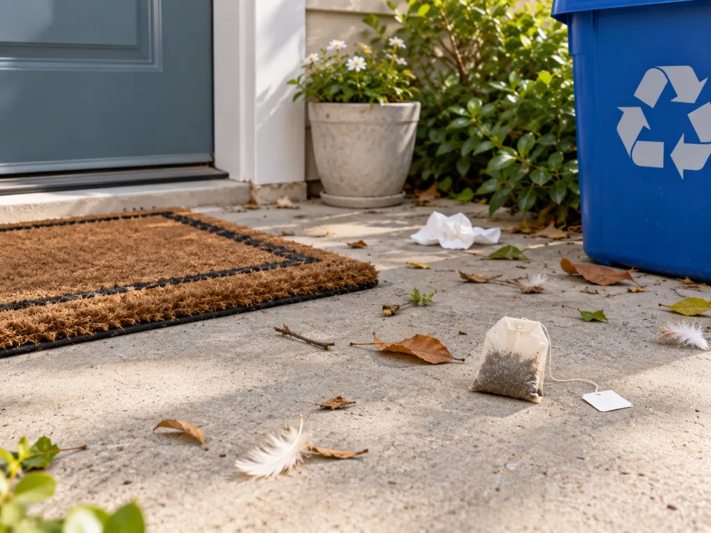A doorstep with a tea bag and nearby windblown household debris.