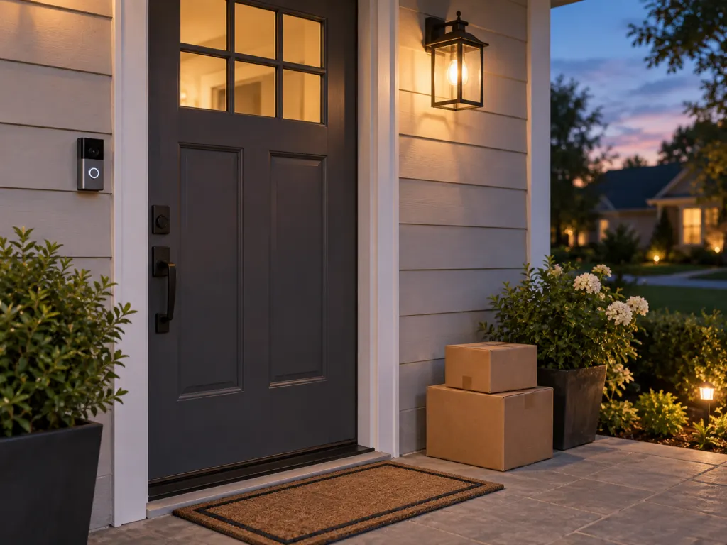 A well-lit front door with a doorbell camera and tidy package area.