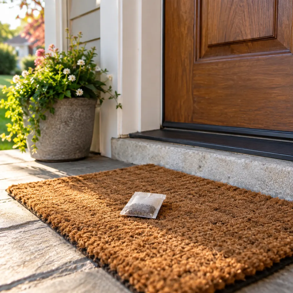 A sealed tea bag resting on a quiet front doorstep in morning light.