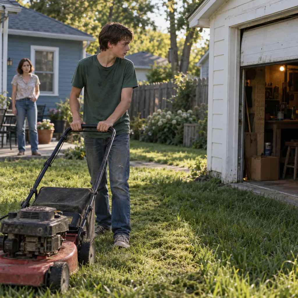 A teenage boy pauses with a mower while a woman watches near an open garage.