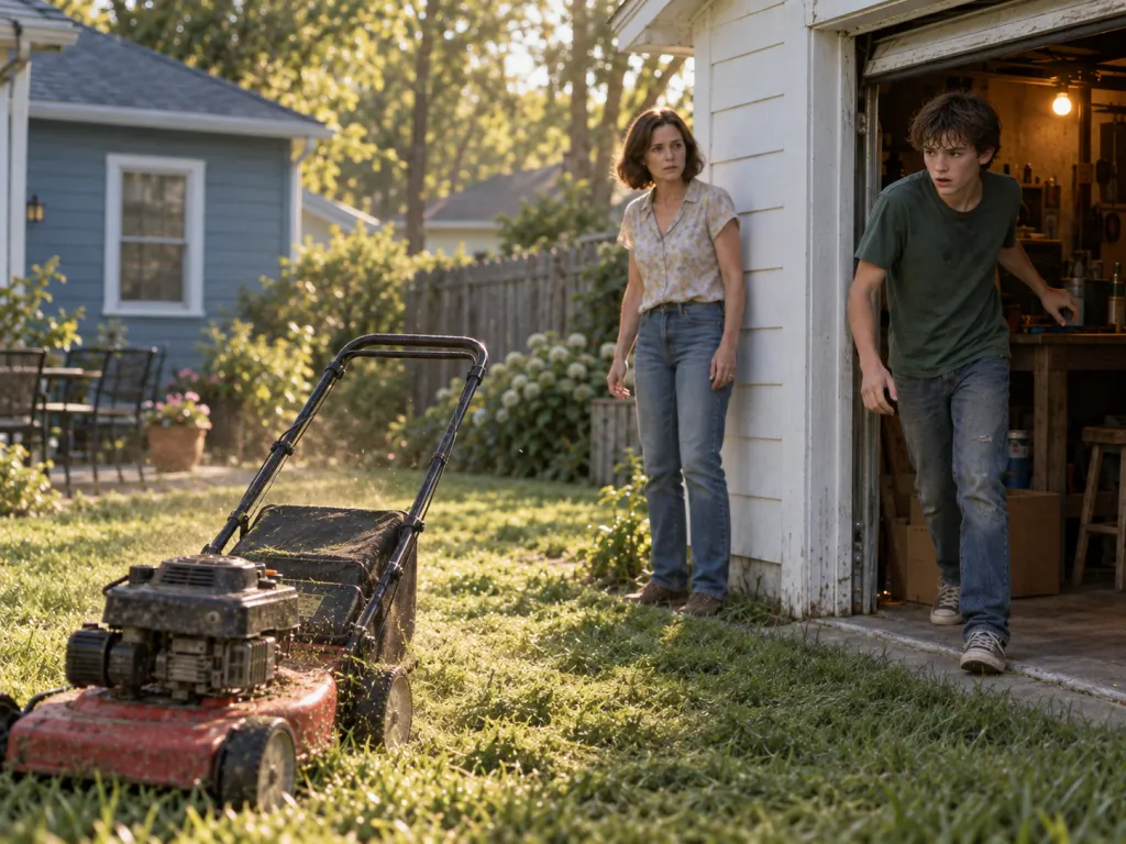 Claire finds the mower abandoned as Chase steps out of the garage.