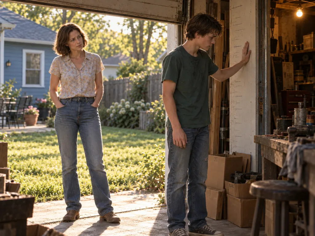 Chase touches the old height marks in the garage as Claire stands nearby.