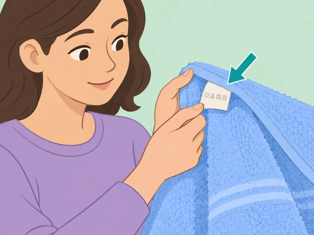 A person checks the label on a striped bath towel.