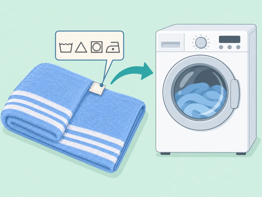 A striped bath towel is prepared for washing according to its care label.
