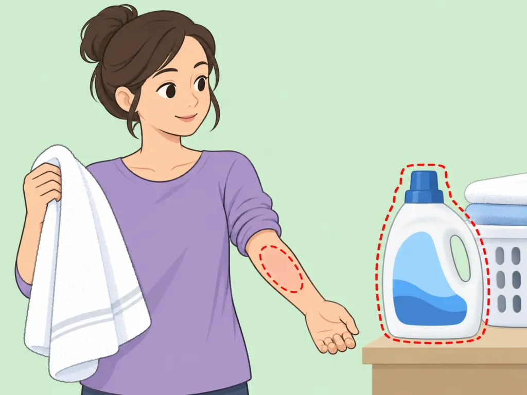 A person pauses using a towel after noticing possible skin discomfort from laundering products.
