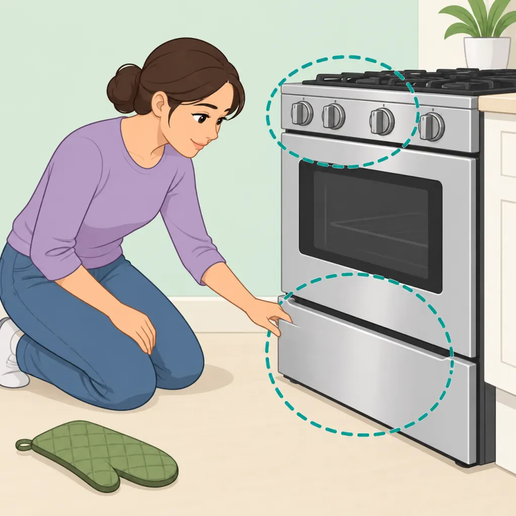 Person inspecting the lower drawer under a stove to identify its purpose.