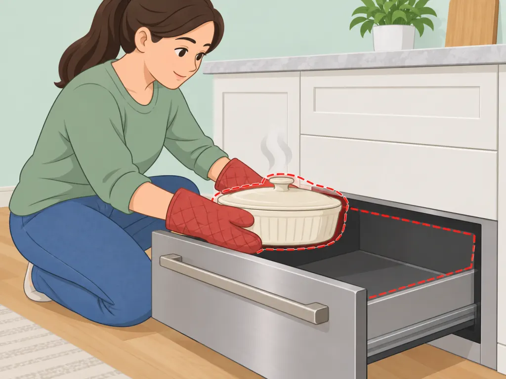 Person placing already-hot food into a warming drawer with oven mitts.