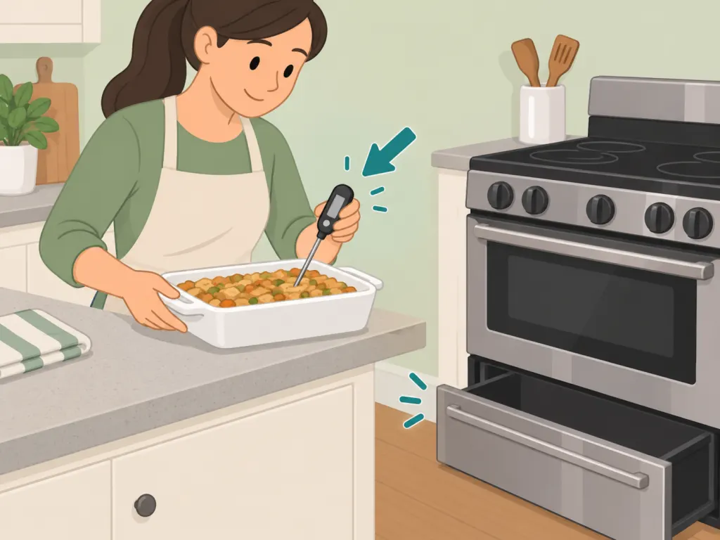 Person checking reheated leftovers with a food thermometer before using the drawer.