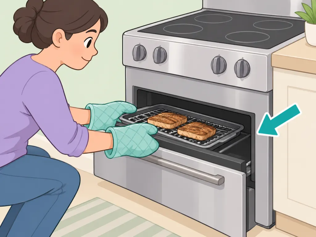 Person treating a lower broiler drawer as an active cooking compartment.