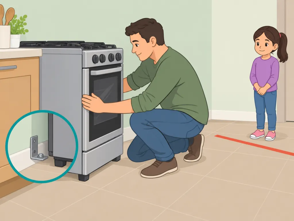 Person checking stove stability and keeping a child away from the open drawer.