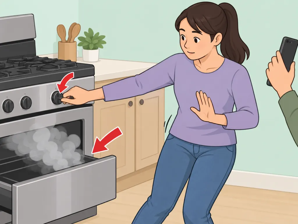 Person turning off a stove and getting help for an unsafe lower drawer.
