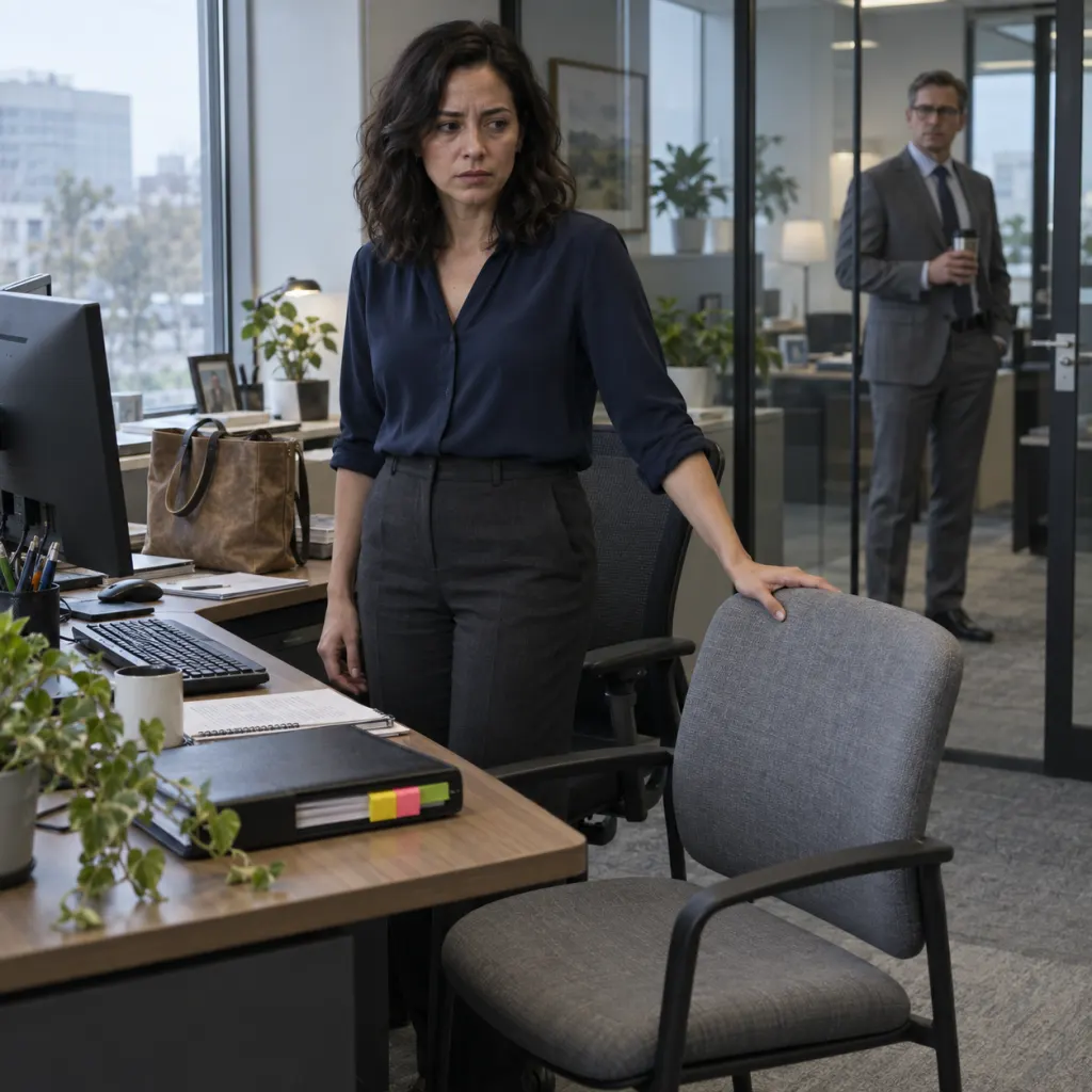 Mara notices the extra chair beside her desk before training begins.