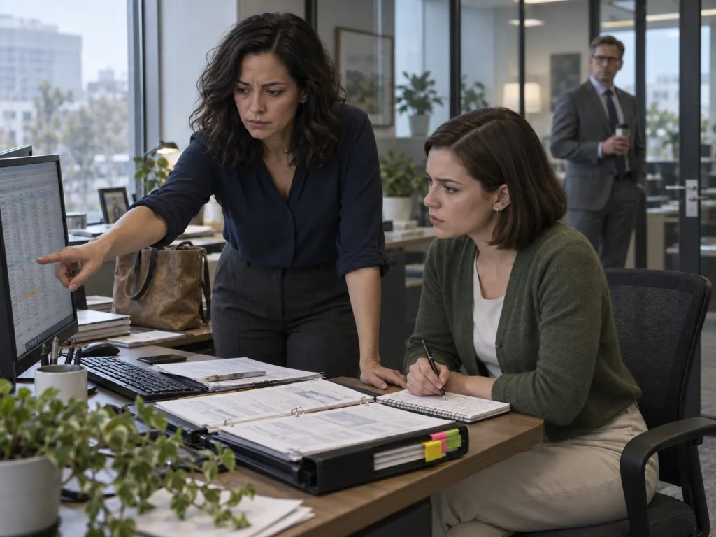 Mara trains Lena at the desk with the operations binder open.