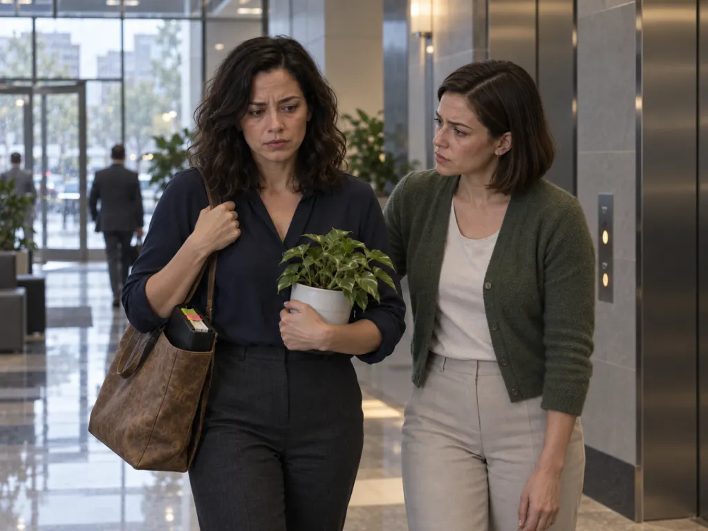 Mara leaves the office with her plant and binder after saying no.