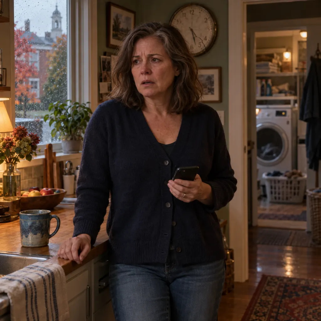 Eleanor stands in her kitchen holding her phone after the call ends.