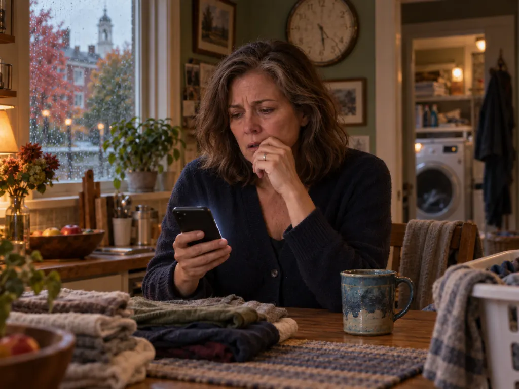 Eleanor sits at the kitchen table trying to call Ben back.