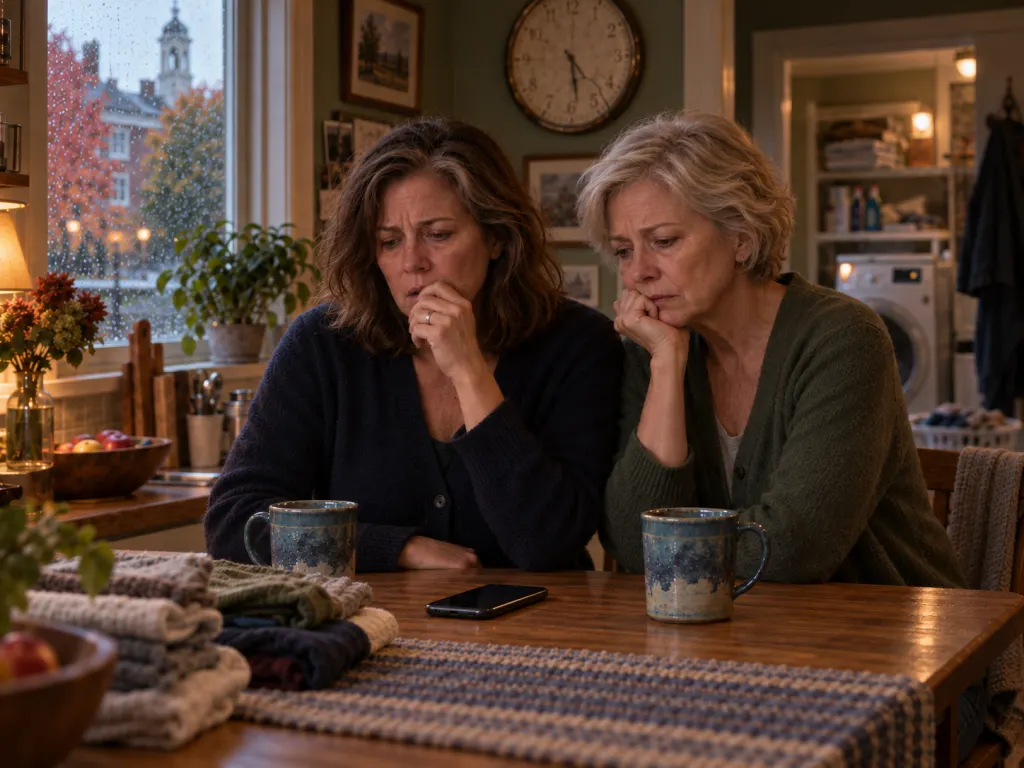 Eleanor and June wait in the kitchen beside an untouched cup of tea.