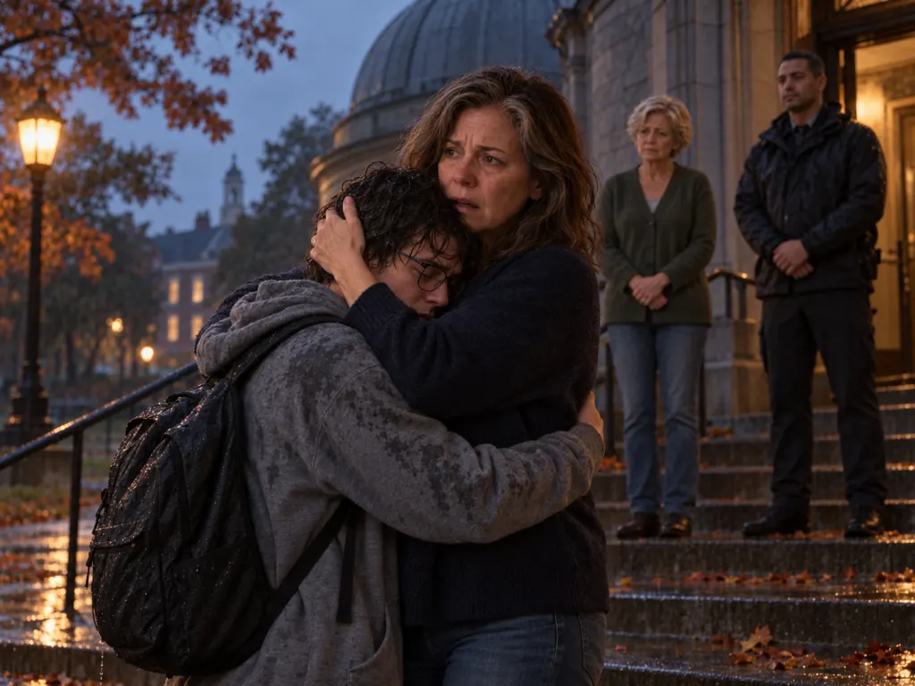 Eleanor finds Ben on the rainy observatory steps and holds him.