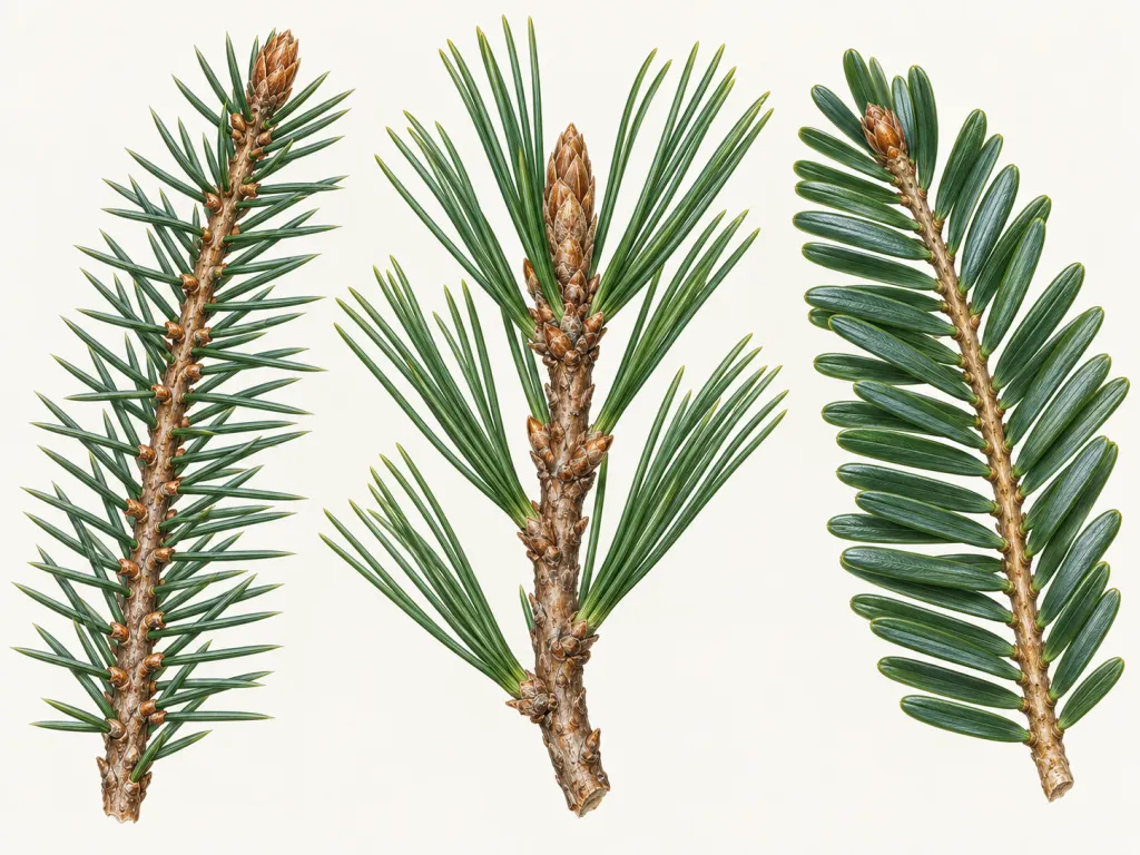 Illustration of spruce, pine, and fir twigs showing different needle arrangements without labels.