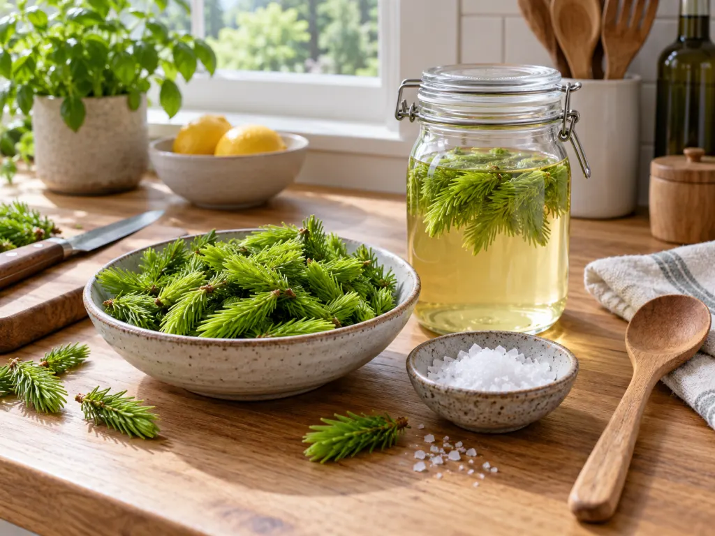 Fresh spruce tips arranged with simple kitchen ingredients for infusions and seasonings.