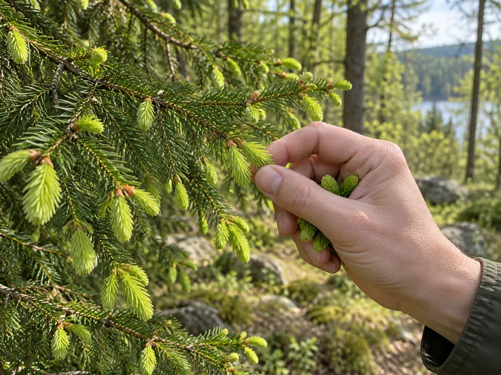 A hand gently picking a small number of spruce tips while most new growth remains on the branch.