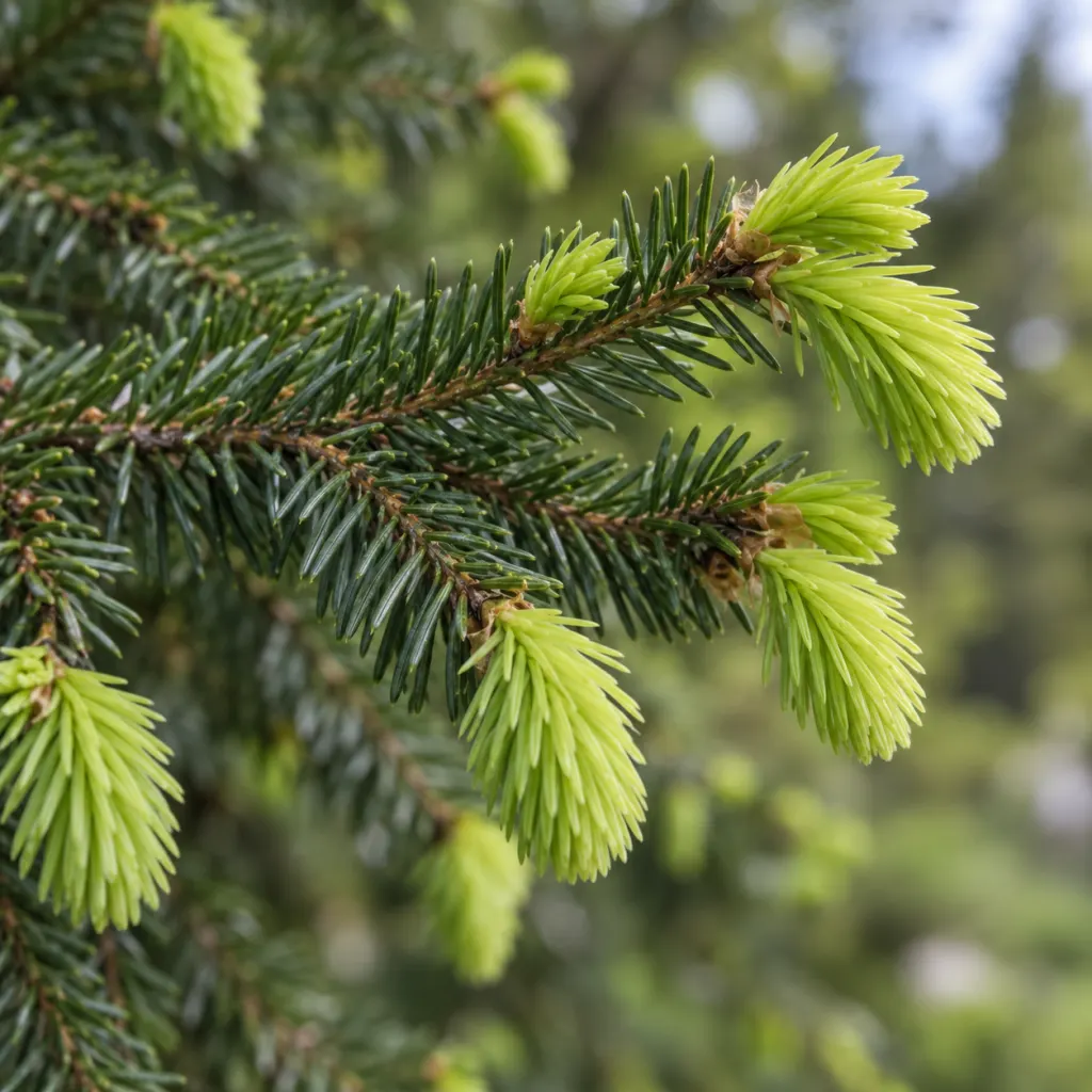 Tender pale green spruce tips growing at the ends of darker spruce branches.