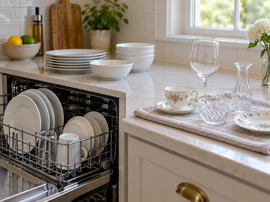 Dishwasher-safe plates separated from delicate hand-wash kitchen items on a counter.