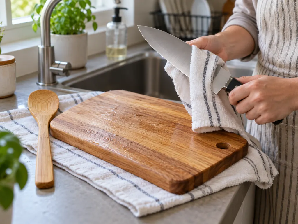 A wooden board, bamboo utensil, and chef's knife drying on a towel near a sink.