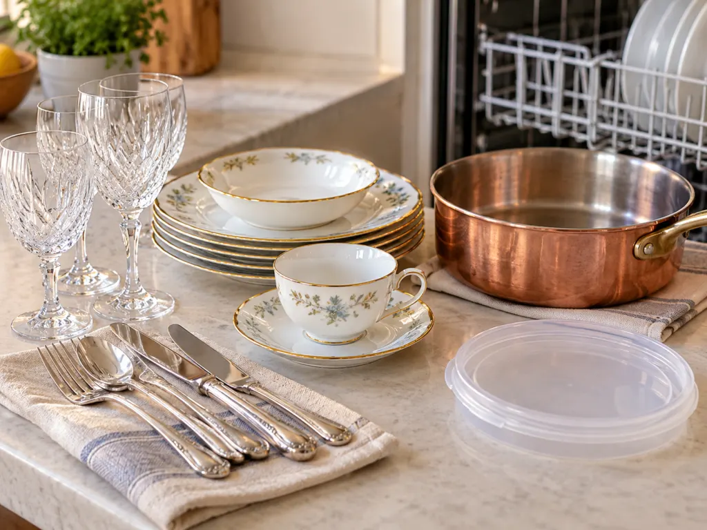 Delicate glass, decorated china, silver, copper, and thin plastic set aside from a dishwasher rack.