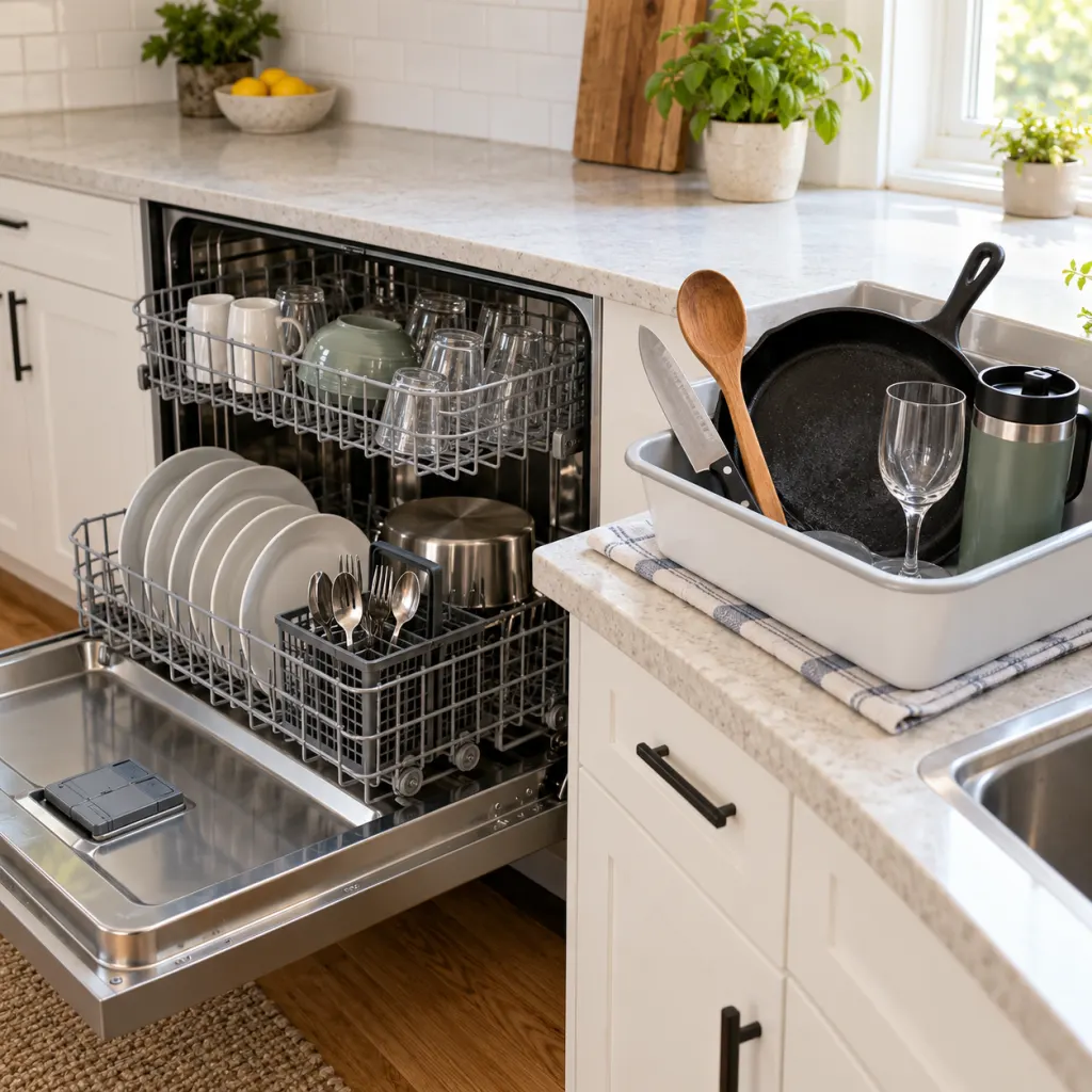 An open dishwasher next to a hand-wash tray with wood, a knife, cast iron, glass, and a travel mug.
