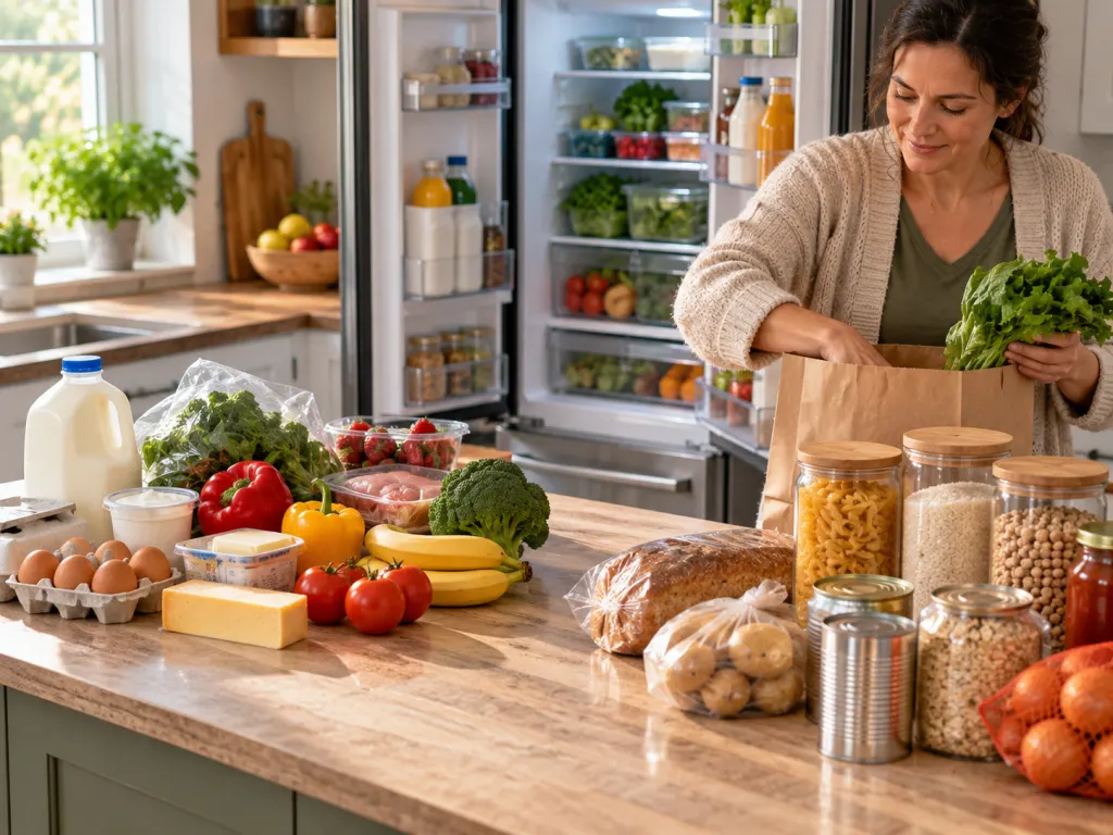 Groceries sorted between refrigerator items and pantry items on a clean counter.