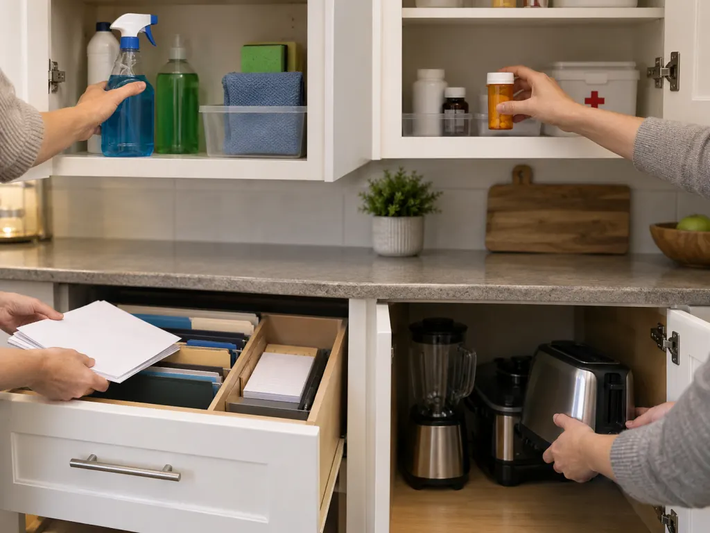 Countertop items being separated into proper storage zones.