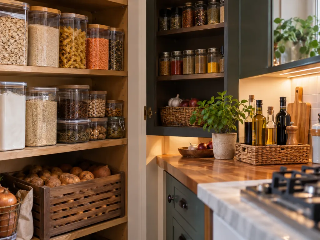 Pantry storage with sealed containers, shaded spices, oils, and potatoes in a dark bin.