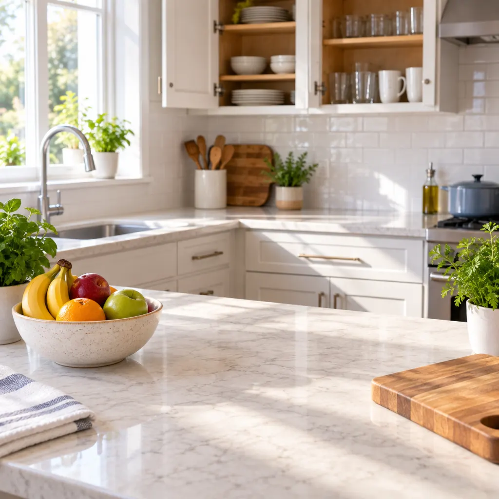 Clean kitchen countertop with a fruit bowl, cutting board, and open prep space.