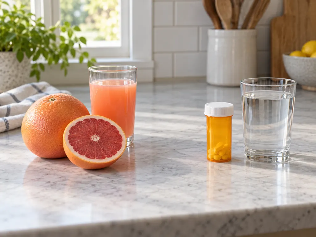 Grapefruit and grapefruit juice near a prescription bottle and water glass on a counter.