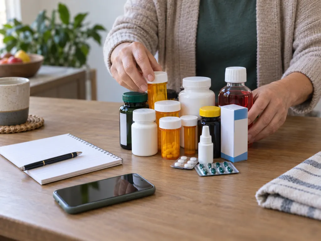 Medicine and supplement containers arranged for review with a notepad and phone.