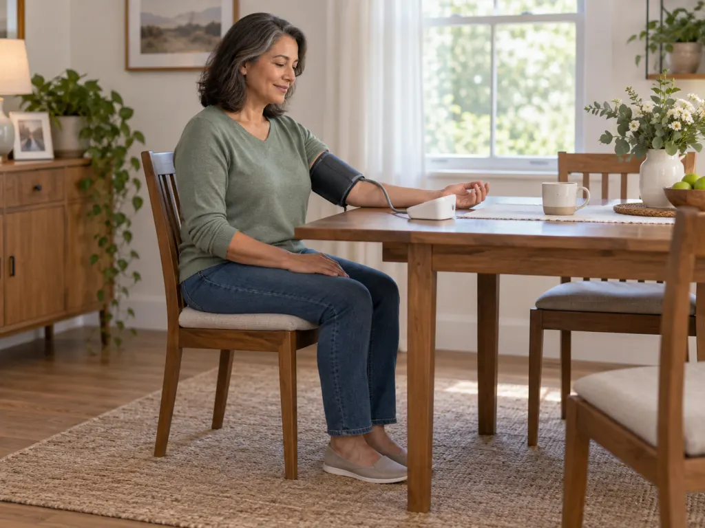 Adult seated at a table using an upper-arm blood pressure monitor correctly.