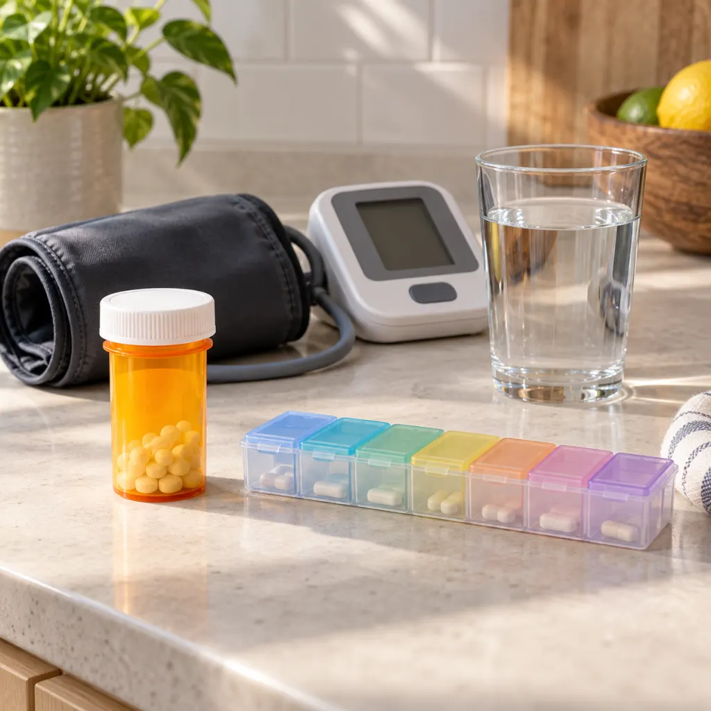 Prescription bottle, pill organizer, water glass, and blood pressure cuff on a kitchen counter.