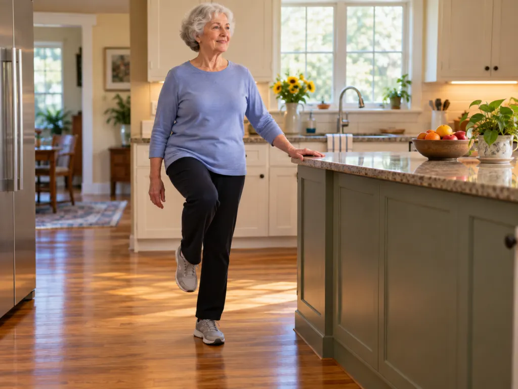 An older adult practicing balance safely near a kitchen counter.