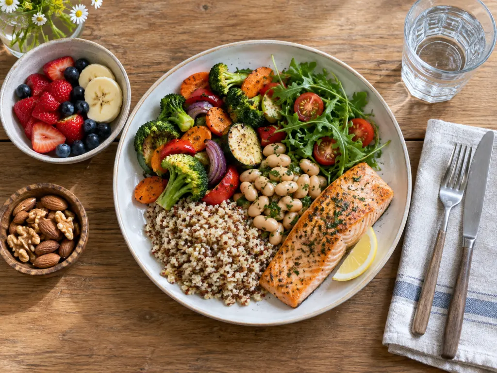 A colorful nutrient-dense meal with water on a dining table.