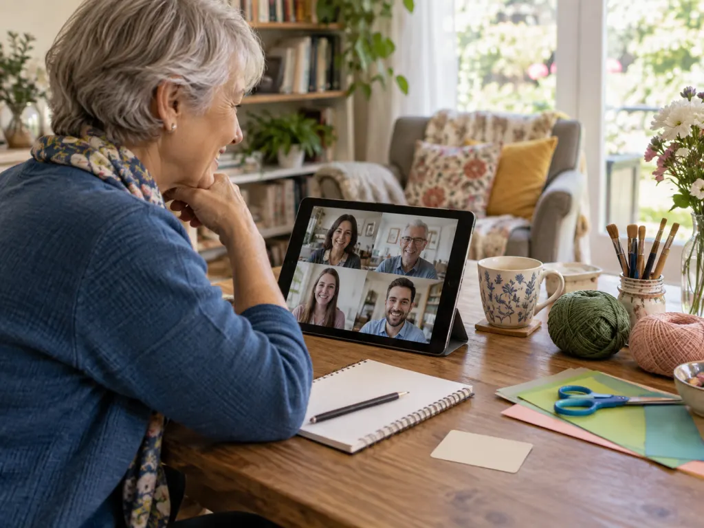 An older adult using a tablet near learning and hobby materials.