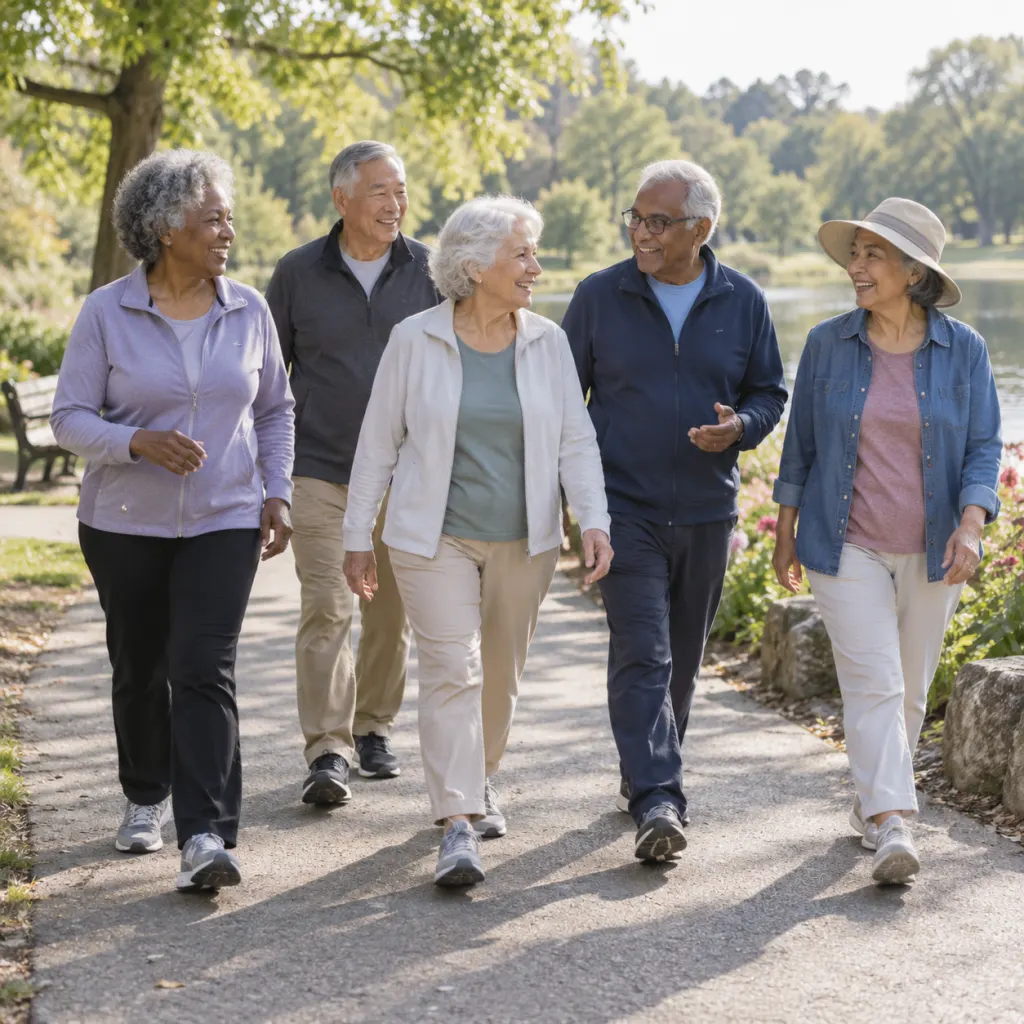 Older adults walking together on a sunny park path.