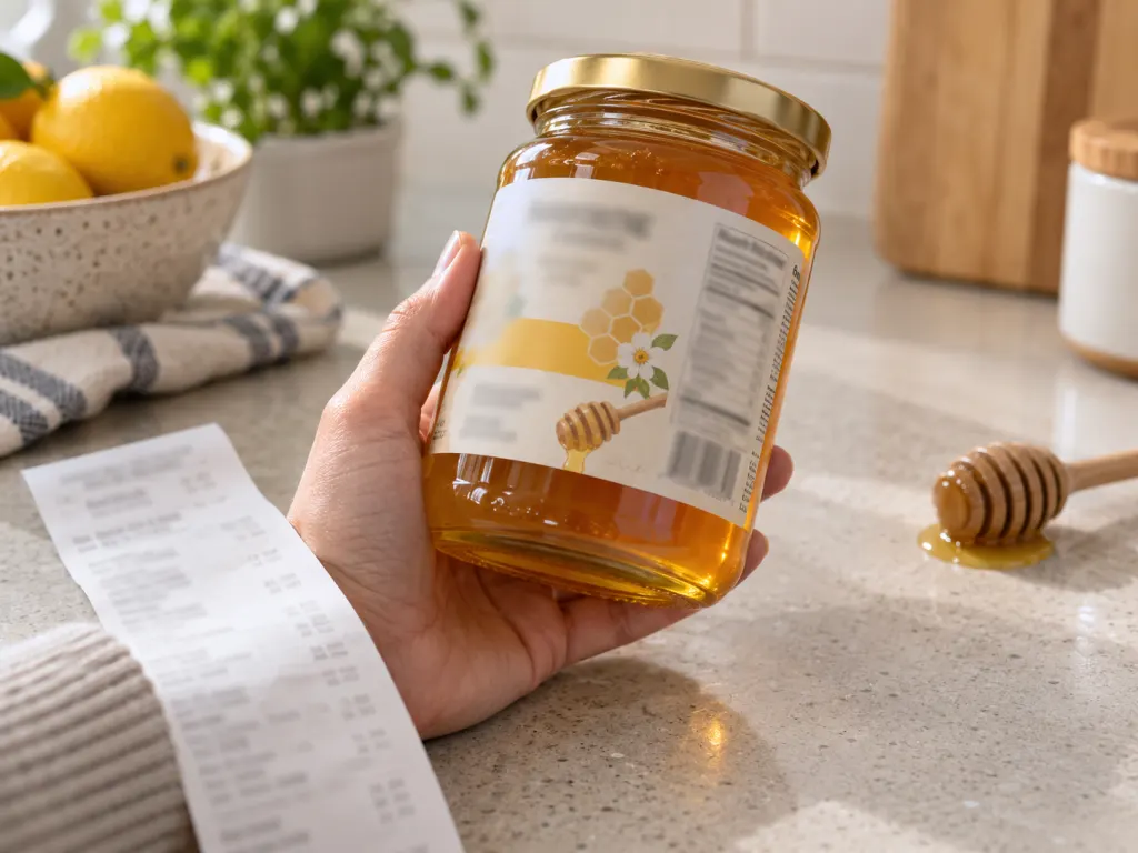 A person checking the label area on a jar of honey beside a receipt.