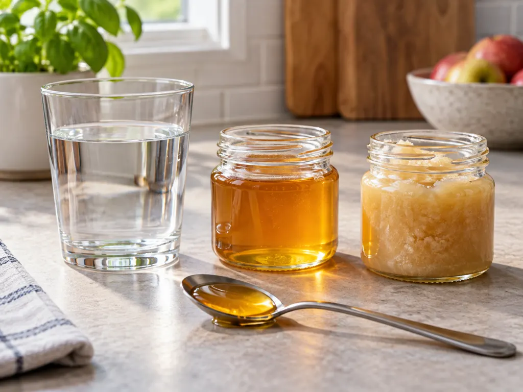 A spoonful of honey near a water glass with jars showing different textures.